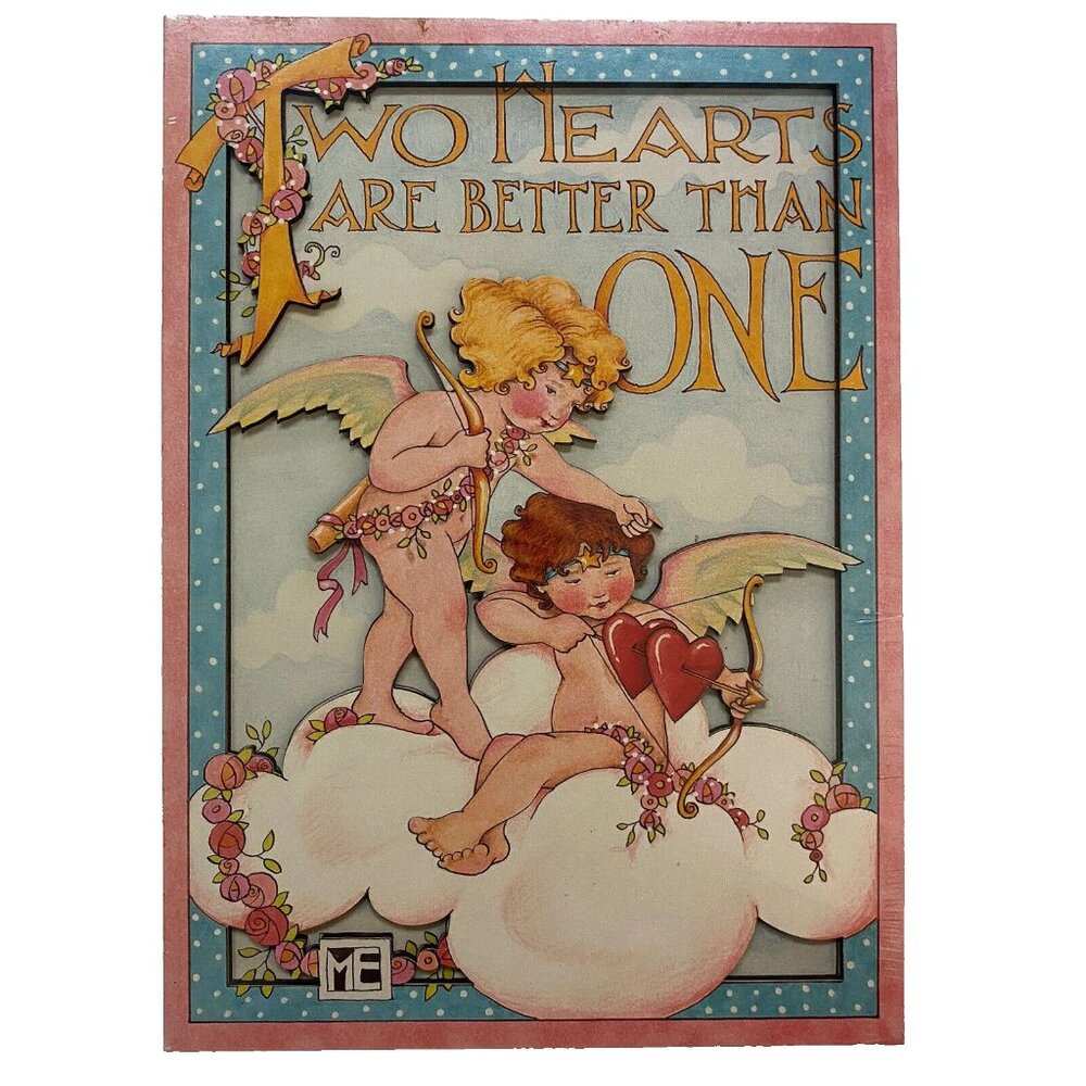 Vintage Mary Engelbreit ME Cards to Keep 3D Plaque Cherubs Two Hearts Are Better